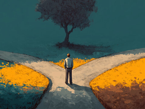 Man standing at fork in road, facing decision, surrounded by yellow fields and solitary tree under moody sky, expressing contemplation and uncertainty
