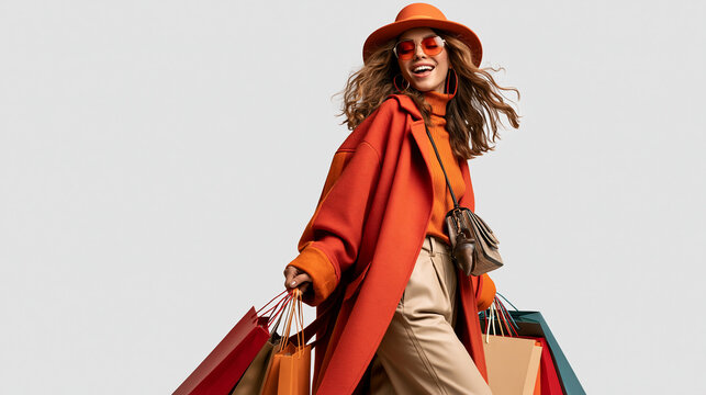 Stylish modern young woman wearing orange coat and hat holding shopping bags smiling trendy fashion cheerful mood beige pants sunglasses isolated background