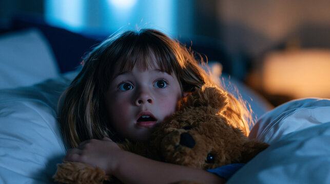 Young girl with long brown hair wakes up startled in bed at night, hugging teddy bear tightly, expressing fear and surprise in dimly lit bedroom