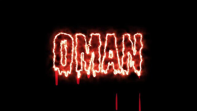 Flaming Oman typography with dripping red blood on a black background