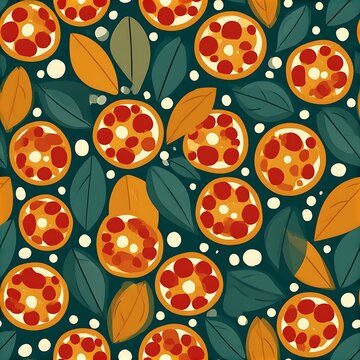 Seamless minimal pizza pattern with leaves and dots on a dark background