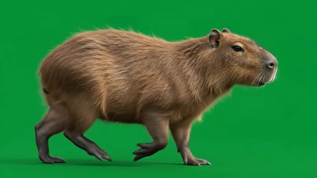Capybara walking side view on green screen background