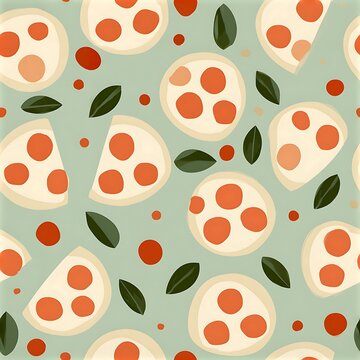 Seamless fabric pizza pattern with slices on a light green background