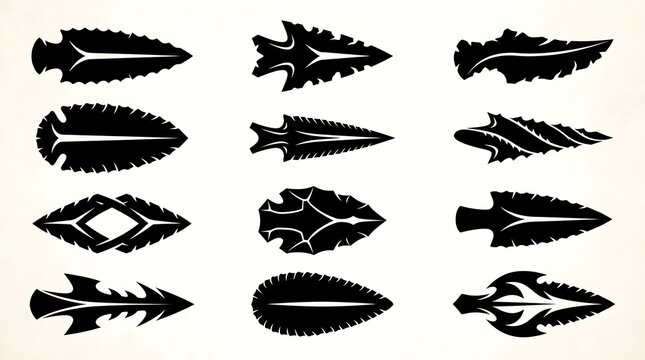 Ancient arrowhead icons set. Primitive flint stone heads silhouettes. Stone age weapon symbols, tribal spear tips graphic elements. Prehistoric weapon outline collection
