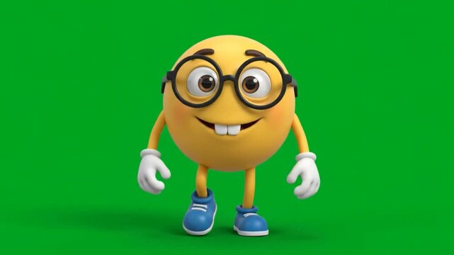 3D Animated Nerd Emoji Character Walking on Green Screen