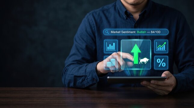 Market sentiment analysis with bullish trend, financial growth indicators and business investment data