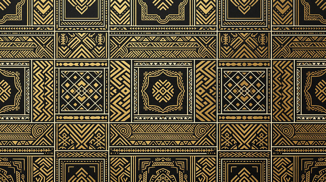Golden geometric patterns on a black background, a luxurious tribal or art deco design for decor.