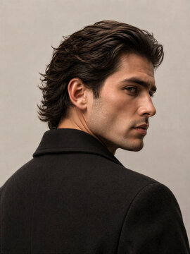 Man with dark hair wearing a black coat looking over his shoulder