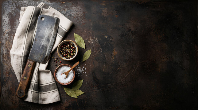 Vintage Meat Cleaver with Wooden Handle, Aromatic Spices, Peppercorns, Garlic and Fresh Bay Leaves on Striped Kitchen Towel with Dark Moody Background