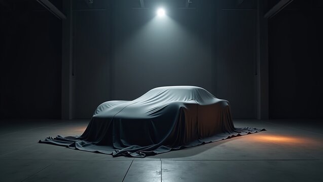 Supercar covered by dark flowing fabric, single overhead spotlight, large empty dark studio, concrete floor, dramatic low‑key lighting, mysterious pre‑reveal atmosphere