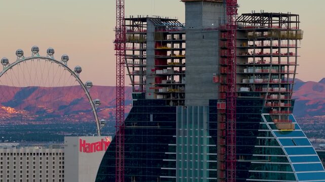 Aerial Hard Rock Cafe Construction Las Vegas Nevada Strip with Wheel and Golden Hour