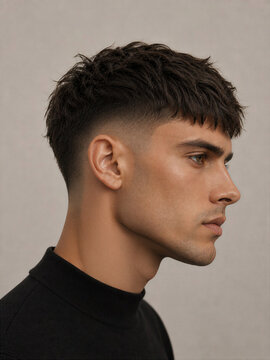 Profile portrait of a man with a modern haircut