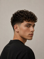 Obraz premium Young man with curly hair looking over his shoulder