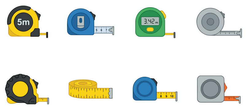 Assorted collection of measuring tapes featuring diverse designs and styles for professional construction site work and home improvement projects requiring precise length calculations for every