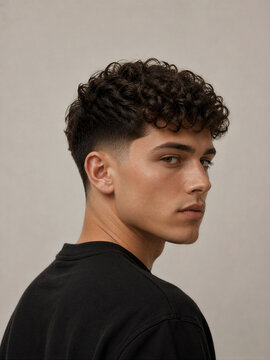 Young man with curly hair looking over his shoulder