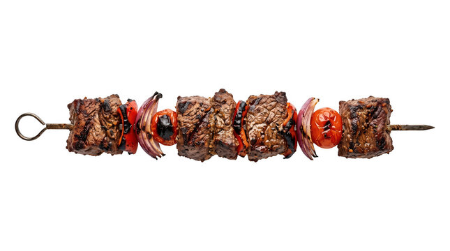 Grilled beef meat shish kebab skewer with vegetables bbq meat cooked meat chunks metal skewer ready to eat barbecue barbeque charcoal restaurant culinary on transparent background