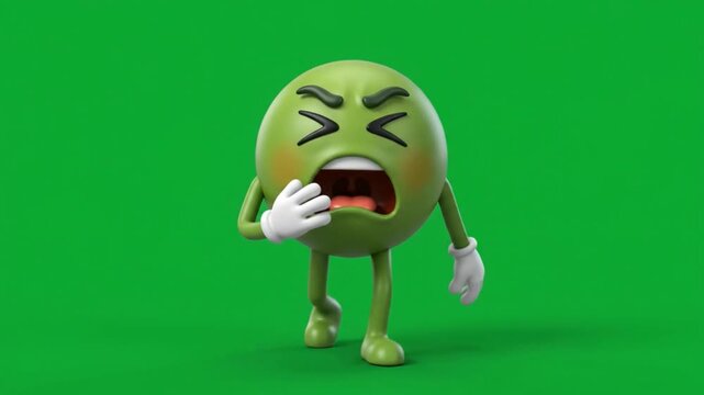 Sick Green 3D Emoji Character Walking on Green Screen
