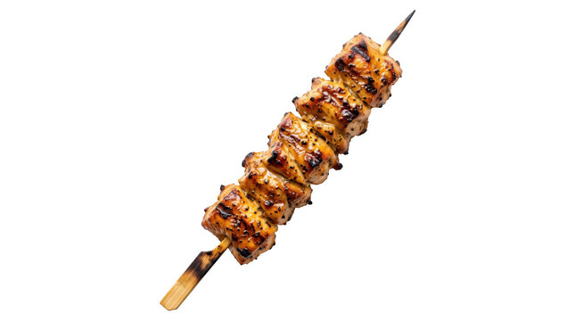 Grilled meat shish kebab skewer diagonal with bbq meat chicken kebab cooked meat chunks skewered meat wooden stick ready to eat fast food street food as transparent cutout