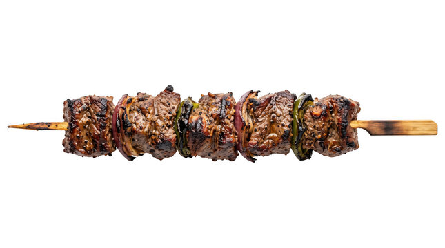 Grilled meat shish kebab skewer with bbq meat beef kebab cooked meat chunks skewered meat wooden stick ready to eat fast food street food barbecue barbeque isolated as PNG