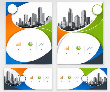 Abstract brochure template set with cityscape. Vector layouts featuring infographic graphics, charts and statistics. Business annual report forms with orange, green and blue wave accents.
