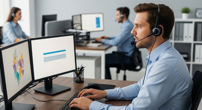 Male customer service representative wearing a headset works at a computer with dual monitors in