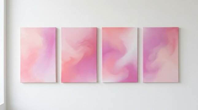 Set of Four Abstract Pink and Peach Fluid Art Canvases Hanging on a Minimalist White Wall for Modern Interior Decor