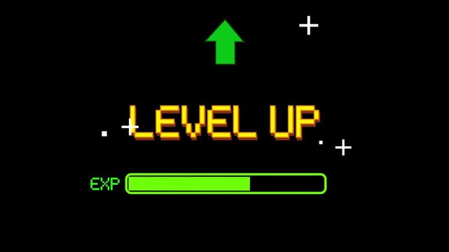 Retro 8-bit game screen showing level up progress animation