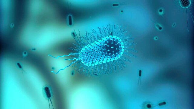 Microscopic bacterium cell with flagella and cilia moving in a fluid cellular environment with other microorganisms microorganism bacteria microbe pathogen biology