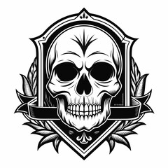 Fototapeta premium Gothic skull emblem within an ornate shield shape on transparent background
