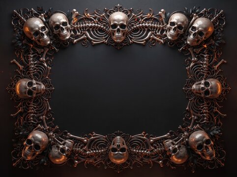 Gothic skeletal frame made of metallic skulls and bones for eerie dark fantasy border art.