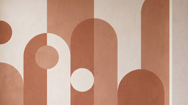 Terracotta geometric wall mural, abstract mid-century modern arch pattern, earthy clay and beige textured background for interior design