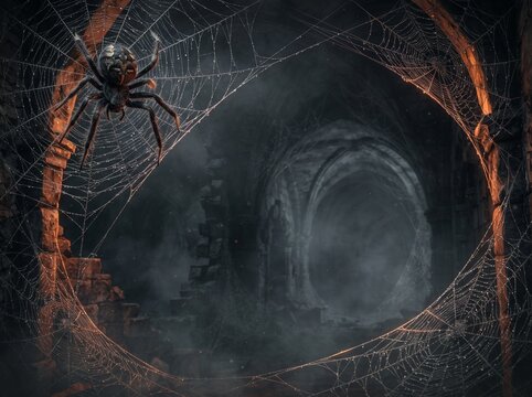Large black spider on intricate wet cobweb in ancient stone archway for spooky horror themes.