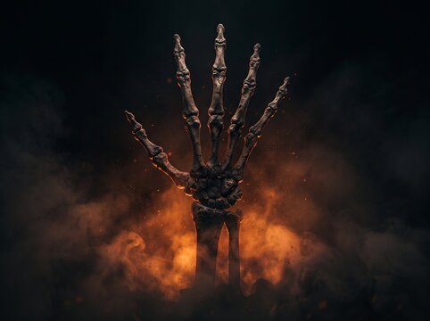 Skeleton hand emerging from dark smoky abyss with burning embers for dramatic horror imagery.