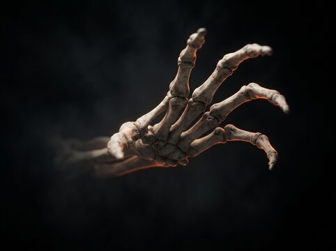 Skeletal hand reaches from dark smoke with orange rim light for halloween horror concept design.