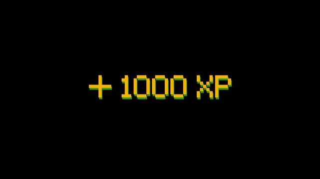 Retro 8-bit game screen showing mission complete and bonus xp