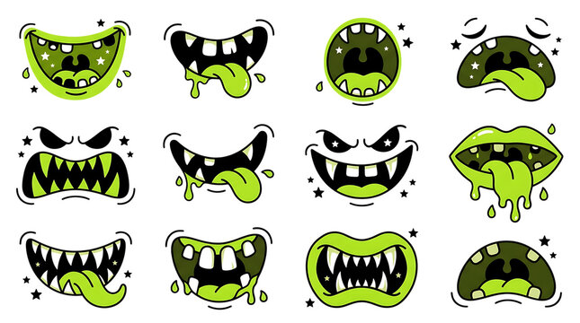 Set of cartoon monster mouths with sharp teeth and green slime, Halloween, Halloween 2026, Halloween png, Halloween element, isolated on transparent background