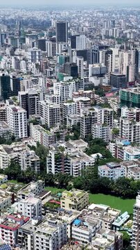 Aerial  view of Gulshan, Dhaka's upscale business and residential district, showing luxury apartment towers, modern skyscrapers,vertical video