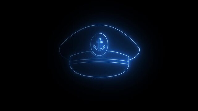 Glowing blue colur neon Captain cap icon isolated 3d video on black background. maritime accessory, Uniform Cap Symbols, Nautical Headwear and nautical theme element. 
