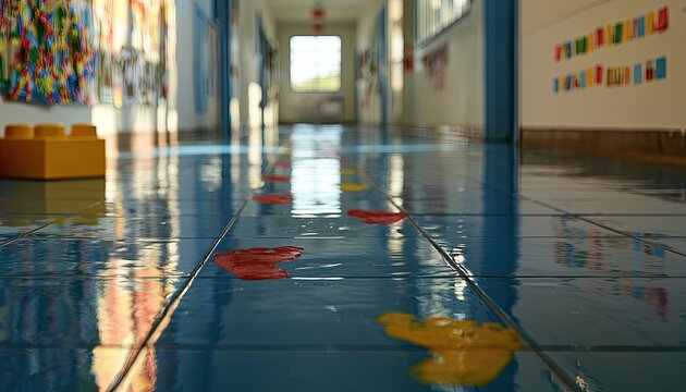 Brightly lit school hallway with colorful floor decals and art displays