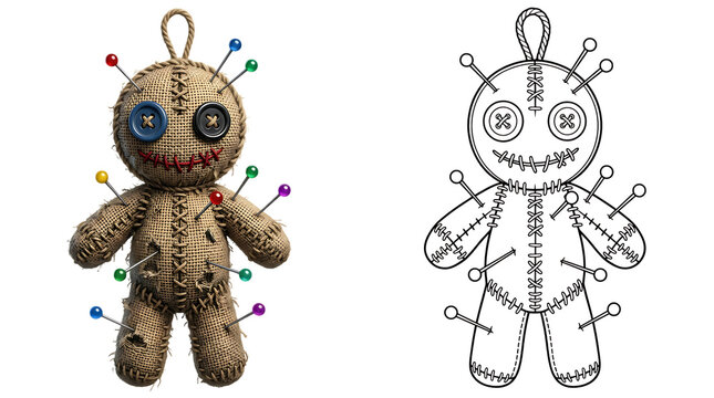Voodoo doll with colorful pins and its black and white line art drawing, helloween, helloween 2026, helloween png, helloween element isolated on transparent background