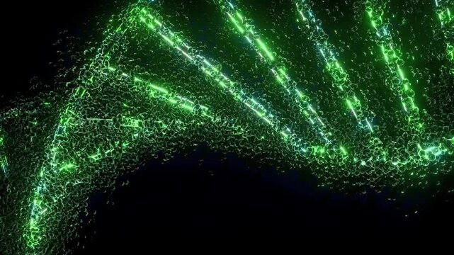 Glowing green DNA strand animation rotating in microscopic digital space genetics biology science genome helix genetics biology science genome helix