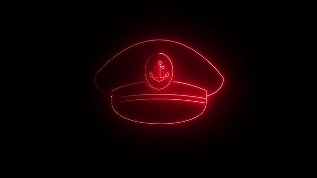 Glowing red neon Captain cap icon isolated video on black background. maritime accessory, Uniform Cap Symbols, Nautical Headwear and nautical theme element. 