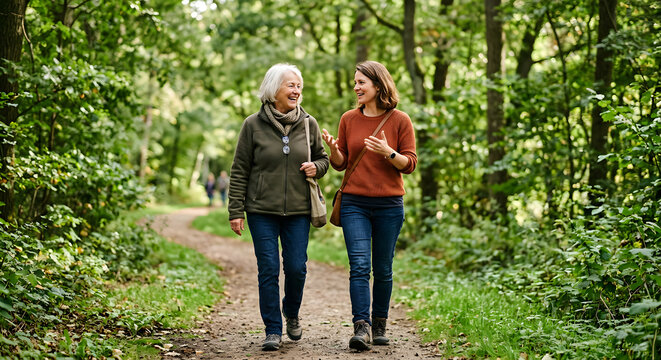 Mutter und erwachsene Tochter beim gemeinsamen Spaziergang