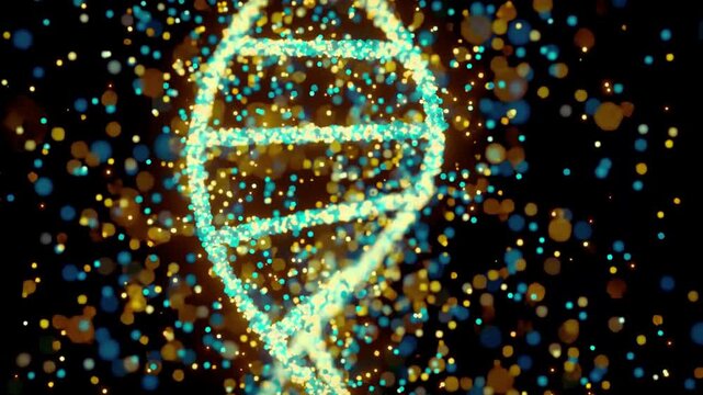Glowing cyan and gold particle DNA strand floating in dark space with bokeh genetics biology science genome helix genetics biology science genome helix