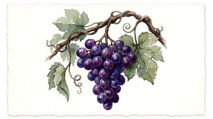 Obraz premium A watercolor illustration of a dark purple grape bunch hanging from a vine with green leaves