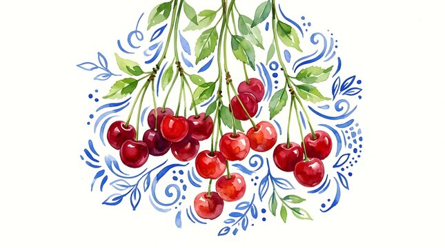 A watercolor painting of ripe cherries hanging from a branch, adorned with blue decorative patterns
