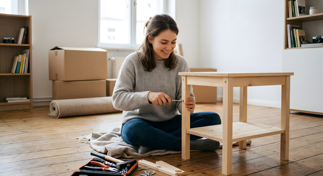 Junger Erwachsener baut M&ouml;bel f&uuml;r die erste Wohnung auf