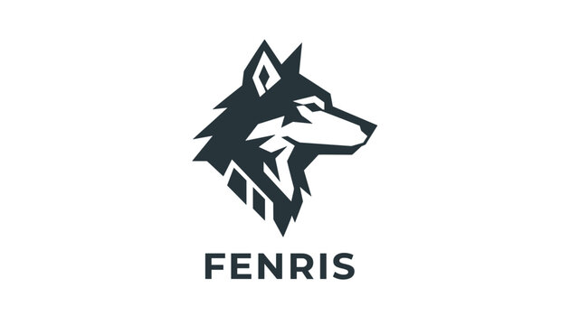 Dark gray stylized geometric wolf head profile logo design with the brand name text fenris underneath.