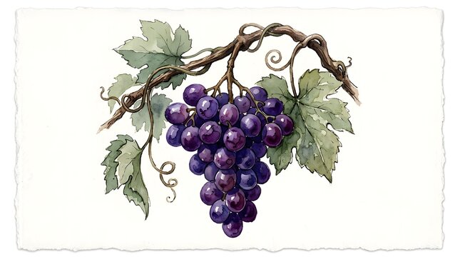 A watercolor illustration of a dark purple grape bunch hanging from a vine with green leaves