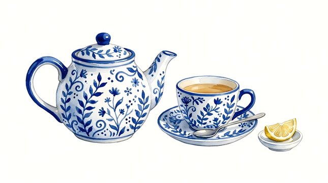 A beautiful blue and white porcelain teapot and teacup set with a slice of lemon and spoon, perfect for a relaxing tea time
